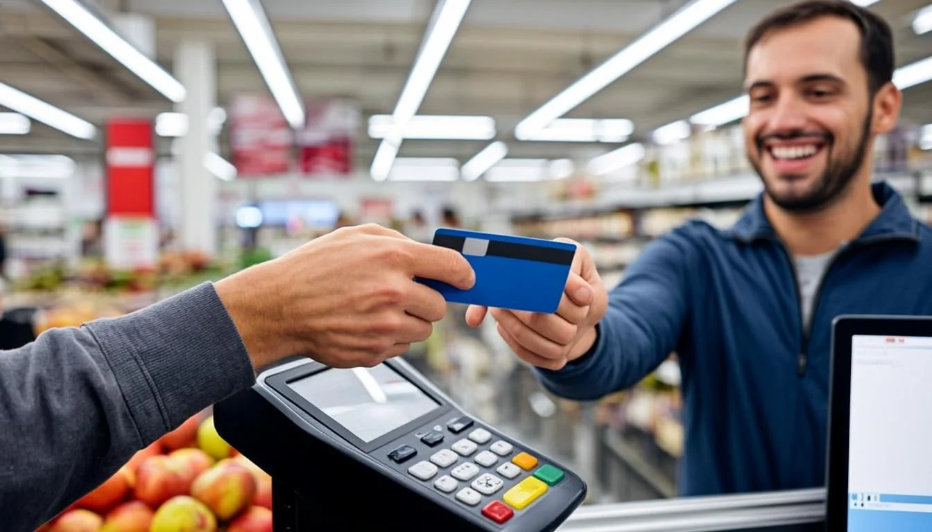 Alabama EBT card with the Visa logo held above a grocery checkout counter