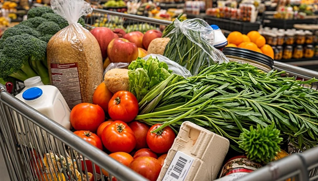 Grocery cart filled with fresh produce, bread, milk, and packaged staples at an Alabama supermarket