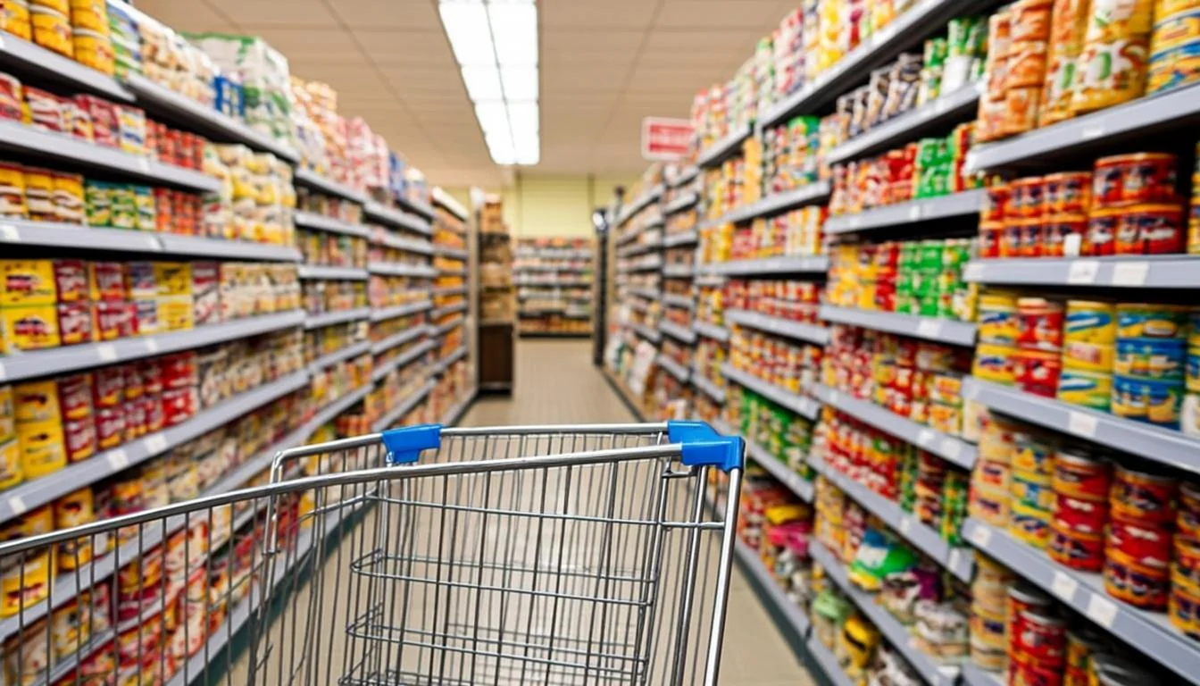 Alaska grocery store shelves stocked with staples and fresh produce in winter
