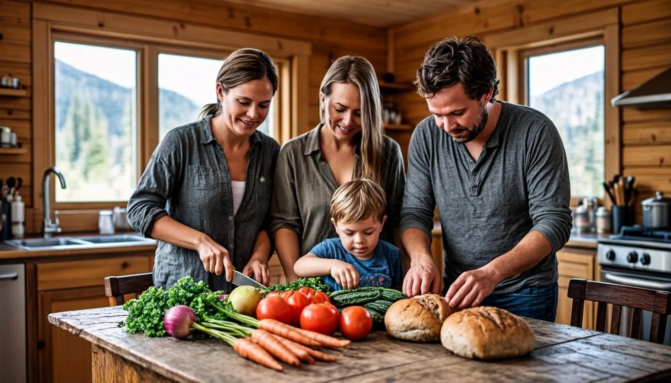 Alaska family sorting groceries on a kitchen table in a rural home
