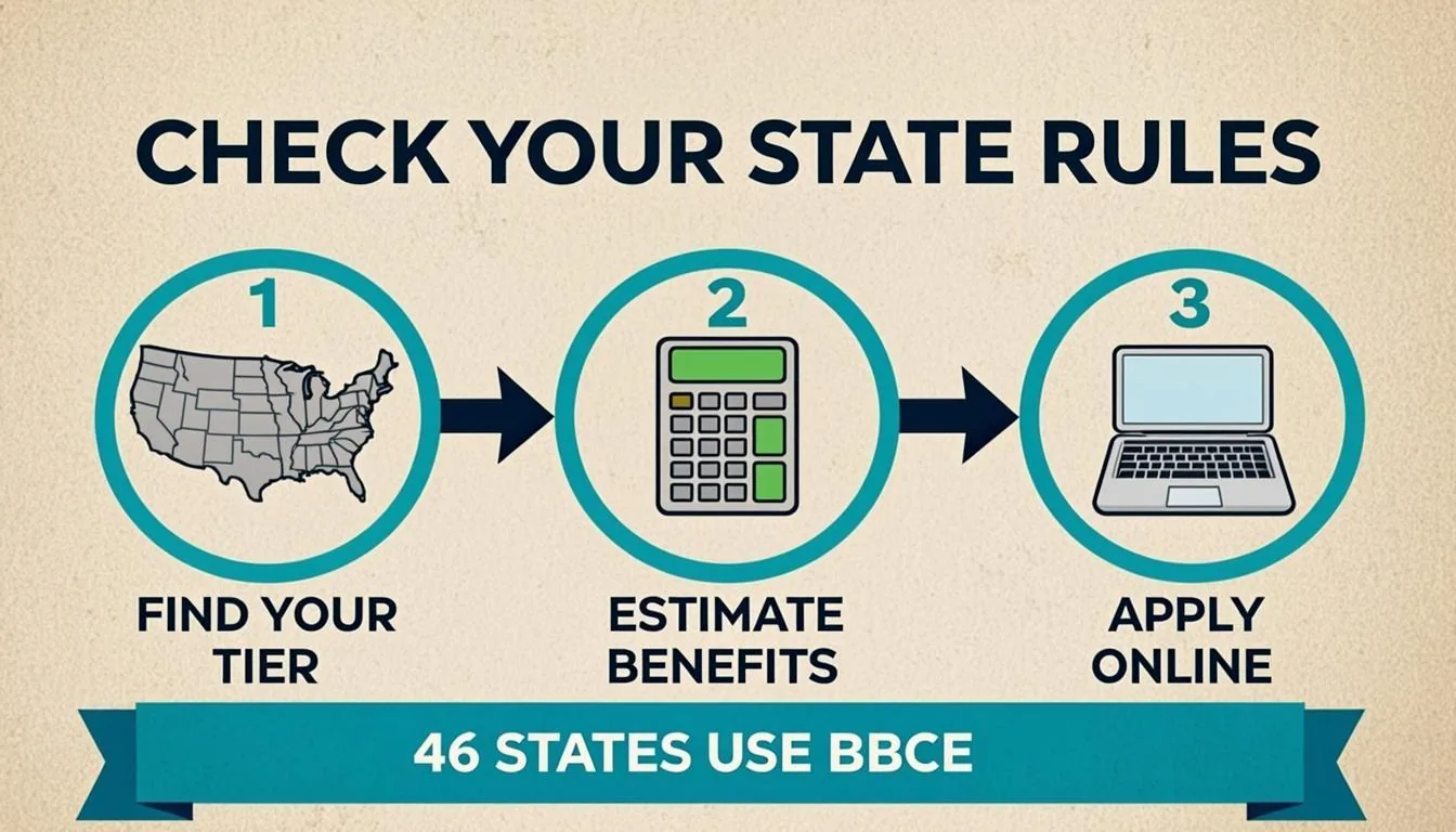 Three step guide to checking BBCE rules: find your state tier, estimate benefits, and apply online — 46 states use BBCE