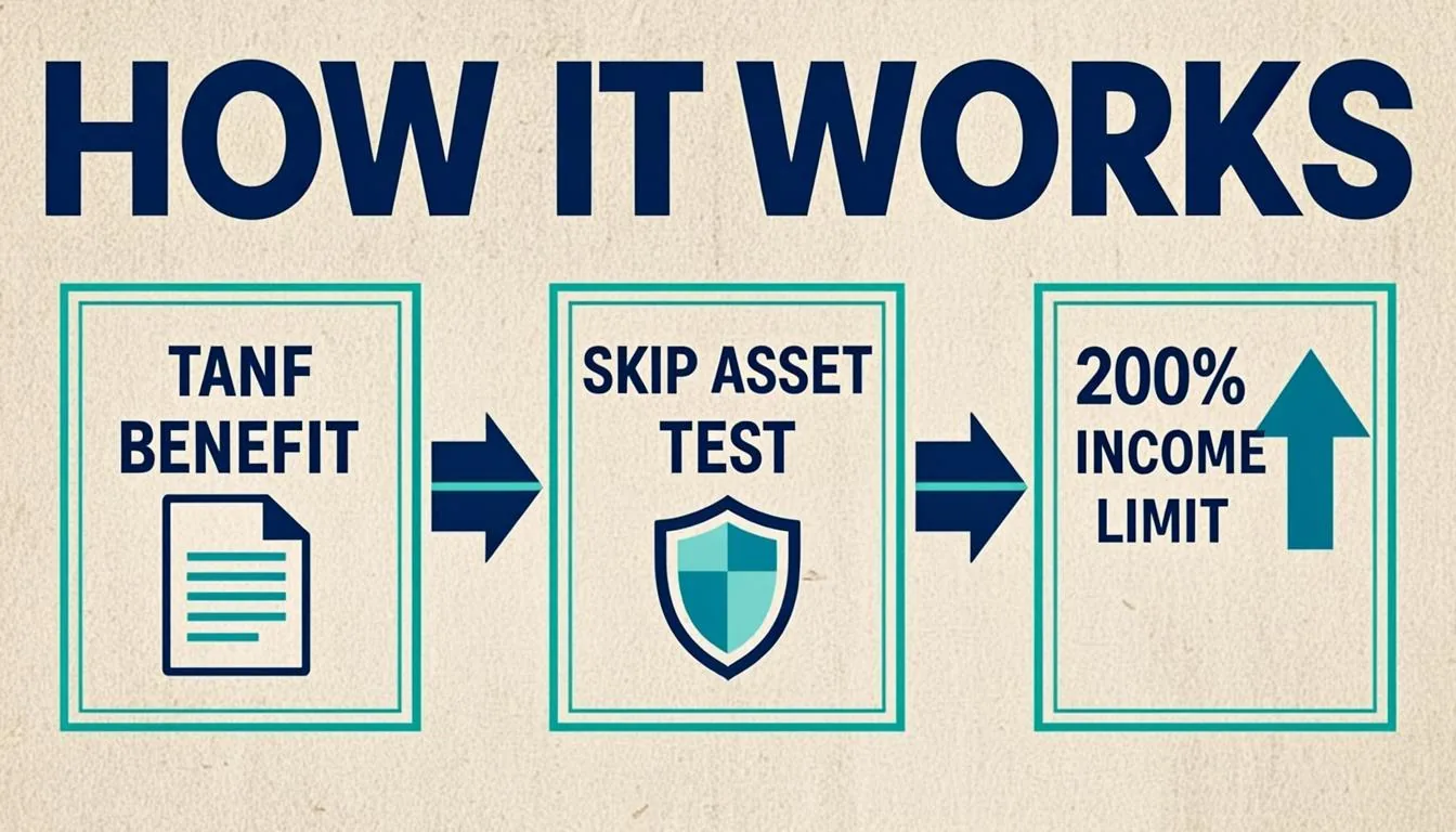 Flowchart showing how BBCE works: a TANF-funded benefit lets households skip the SNAP asset test and use the 200% gross income limit