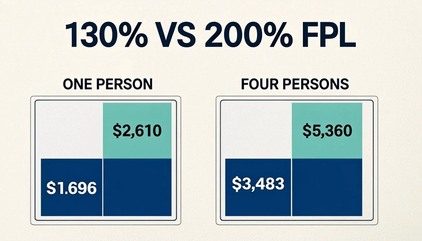 Comparison chart of 2026 SNAP gross income limits at 130% versus 200% FPL: one person $1,696 versus $2,610, four persons $3,483 versus $5,360