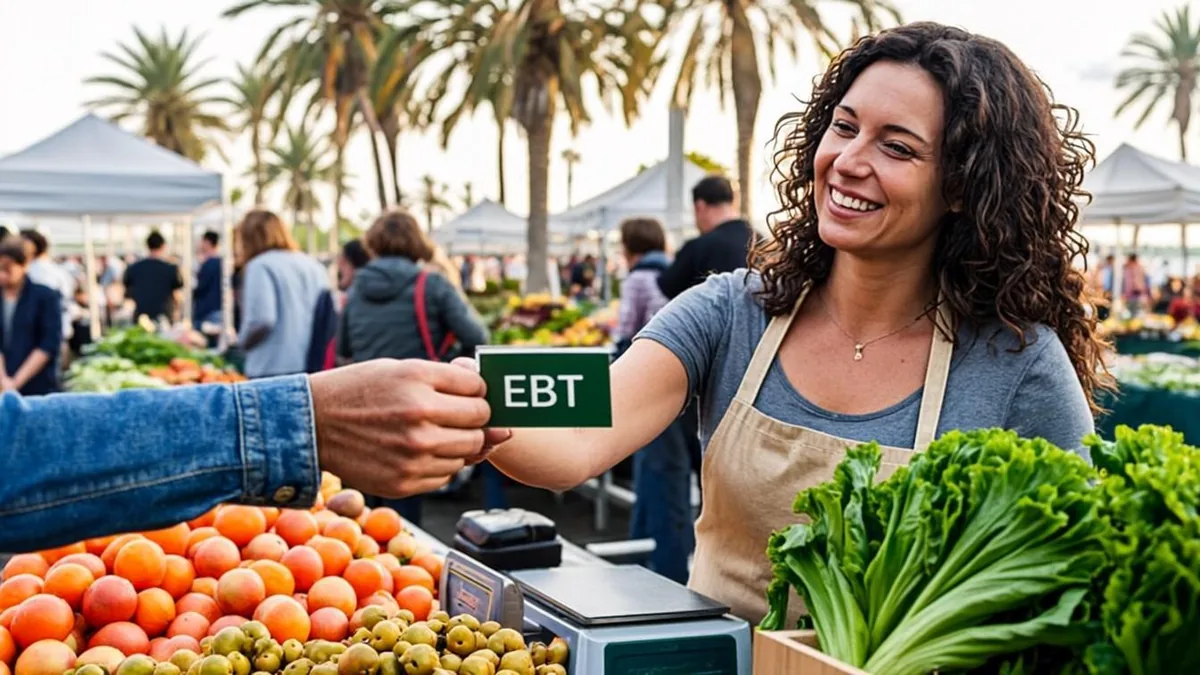 Shopper paying with a California EBT card at a farmers market produce stall