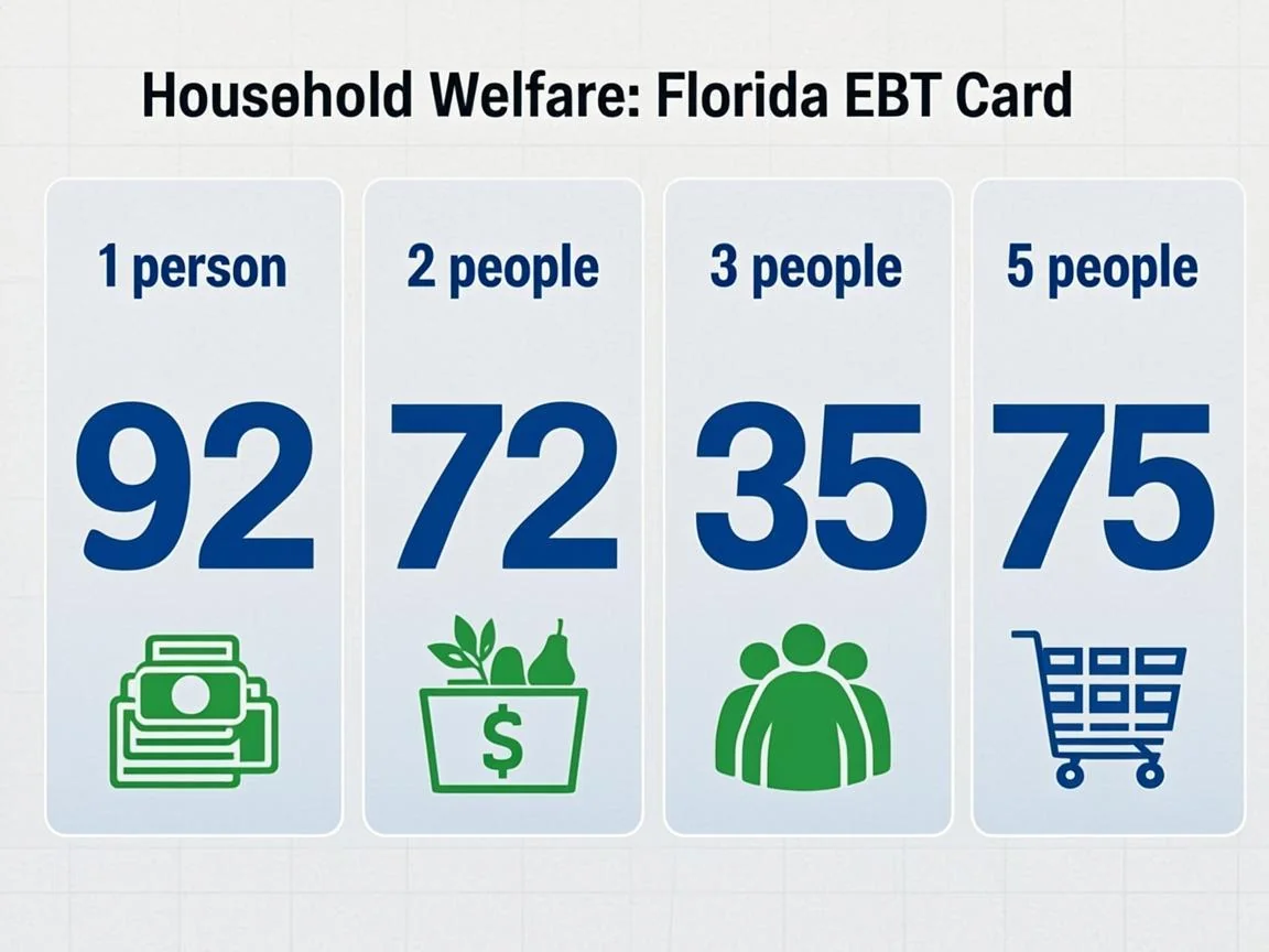 Florida EBT Card Showing Monthly Benefit Amounts for Different Household Sizes