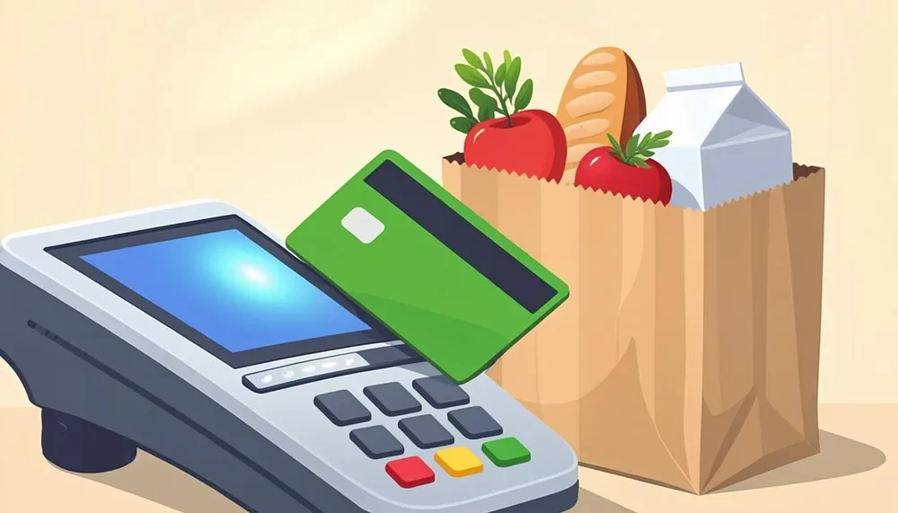 Grocery checkout in Georgia with a green EBT card tapped at the reader beside a paper bag of apples, bread, and milk