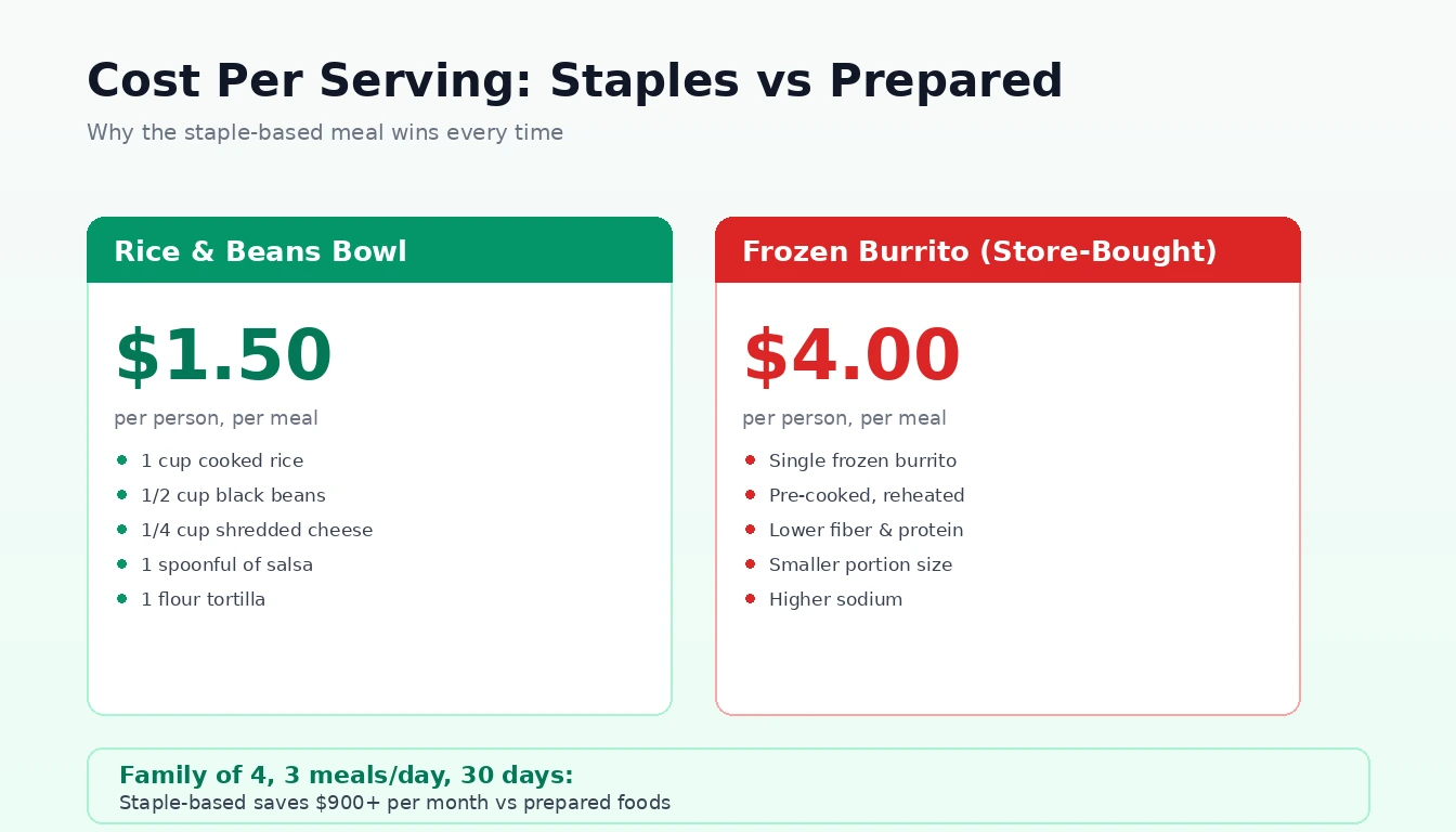 Side-by-side cost comparison showing a rice and beans bowl at $1.50 per serving versus a frozen burrito at $4.00 per serving, with a family of four saving over $900 per month by choosing staple-based meals