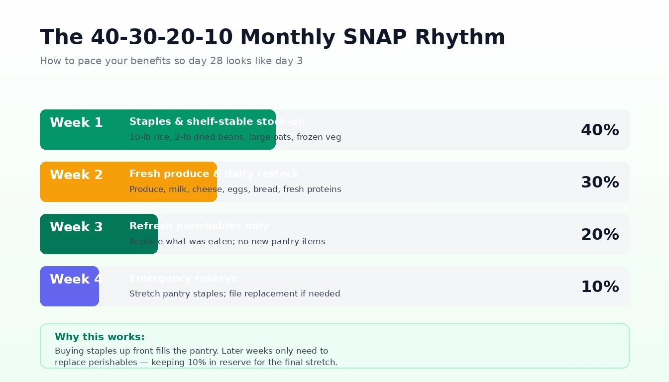 The 40-30-20-10 monthly SNAP rhythm showing how to pace benefits across four weeks so they last all month