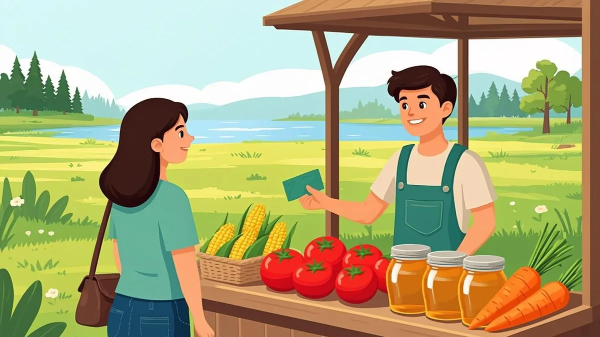 Shopper handing a Minnesota EBT card to a vendor at a farmers market stall with sweet corn and produce
