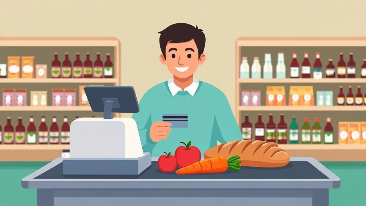 Parent paying for groceries at a supermarket checkout with a Minnesota EBT card