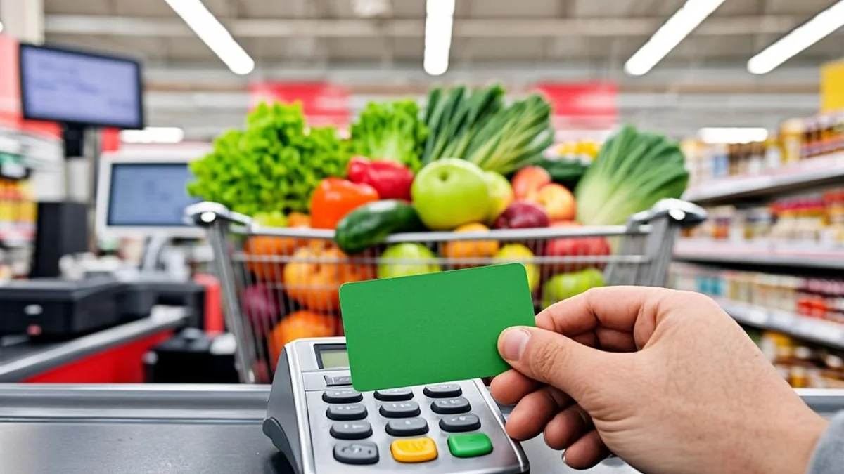Hand holding a green EBT card at a Mississippi grocery store checkout terminal
