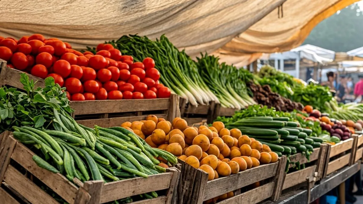 Wooden crates of fresh tomatoes, greens, and peaches at a Mississippi farmers market