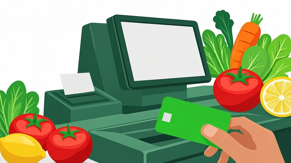 Hand holding a green EBT card at a Missouri grocery store checkout terminal