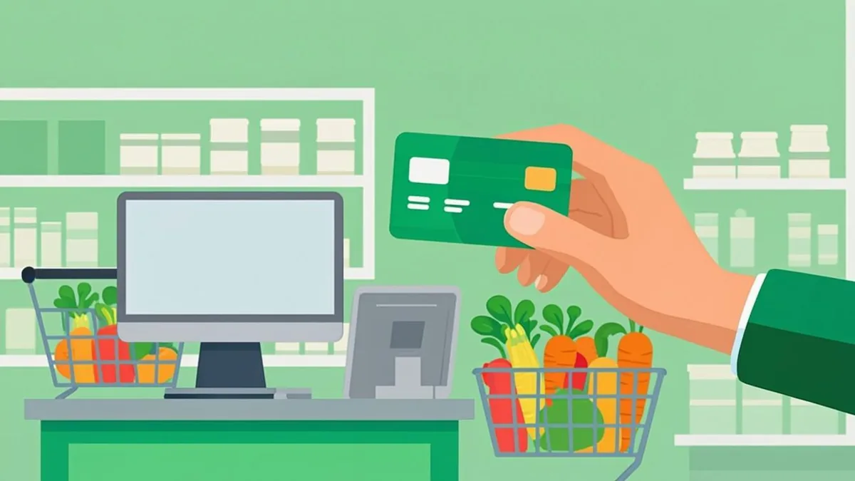 Hand holding a green EBT card at a Montana grocery store checkout terminal