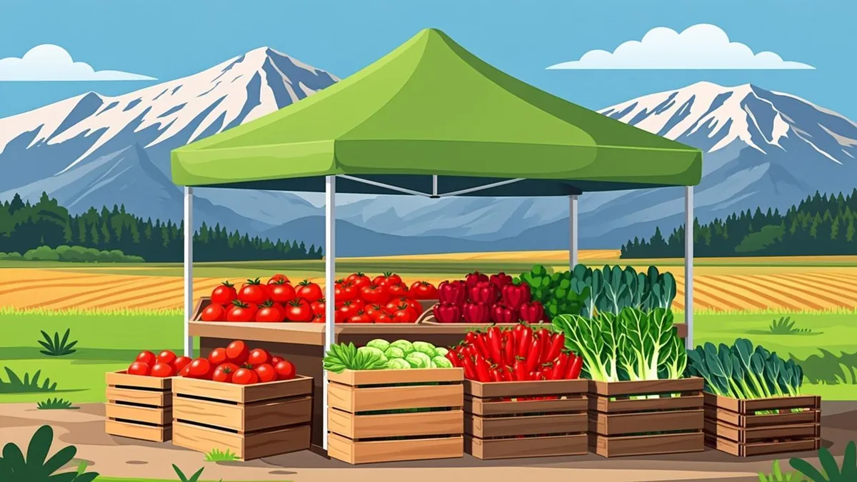 Montana farmers market stall with fresh produce under a big sky