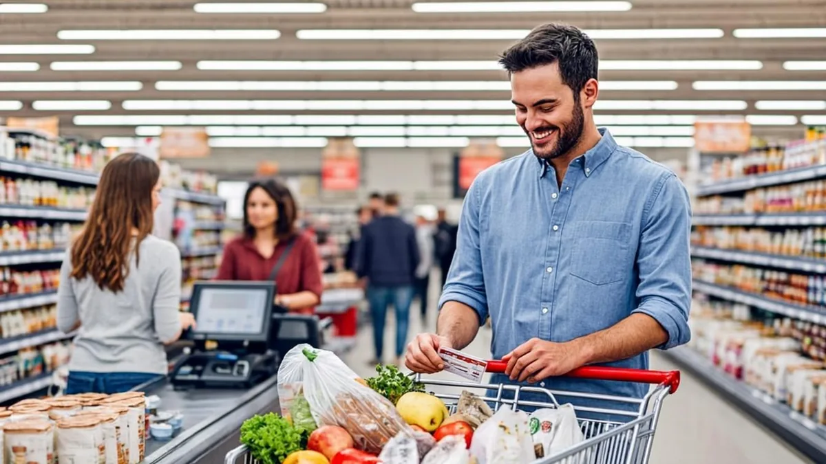 Shopper paying with a Nebraska EBT card at a grocery store checkout