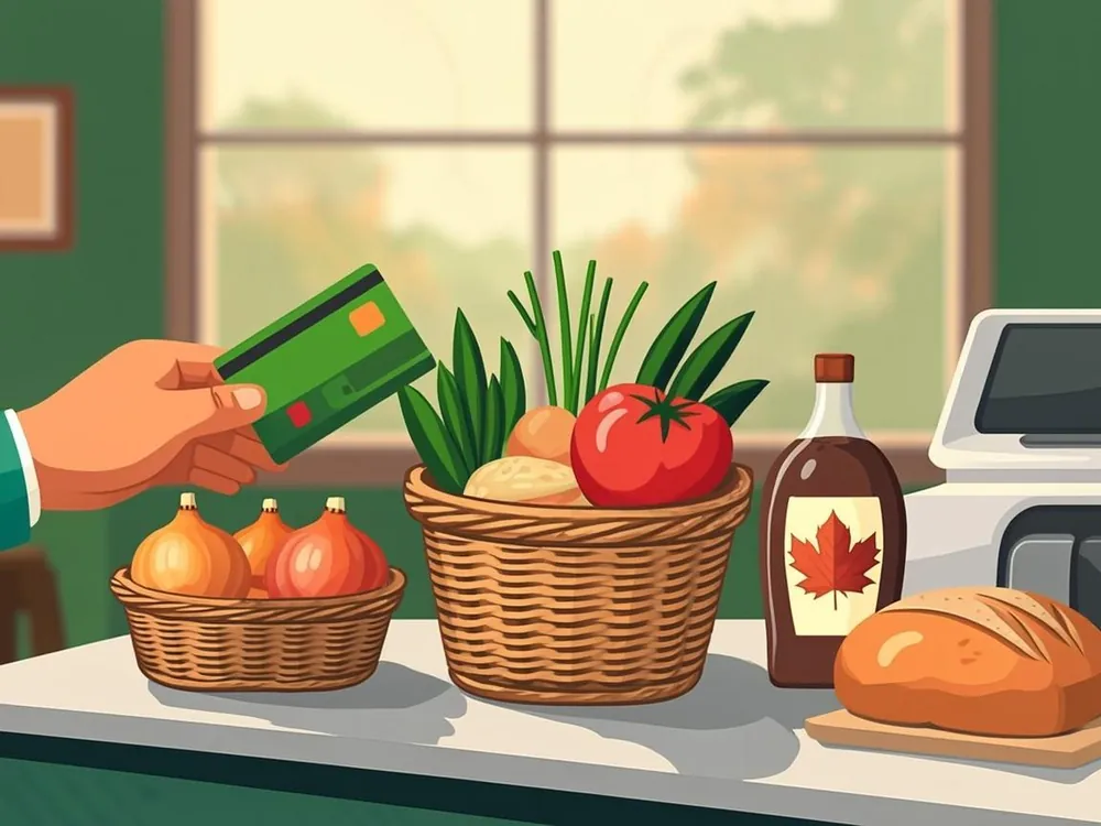 Grocery checkout at a New Hampshire market with an EBT card tapped at the reader beside a basket of produce and maple syrup