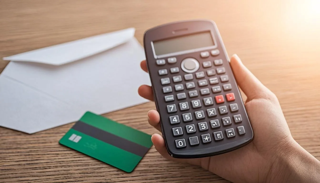 A hand holding a calculator next to a plain envelope and a green EBT-style debit card on a wooden surface