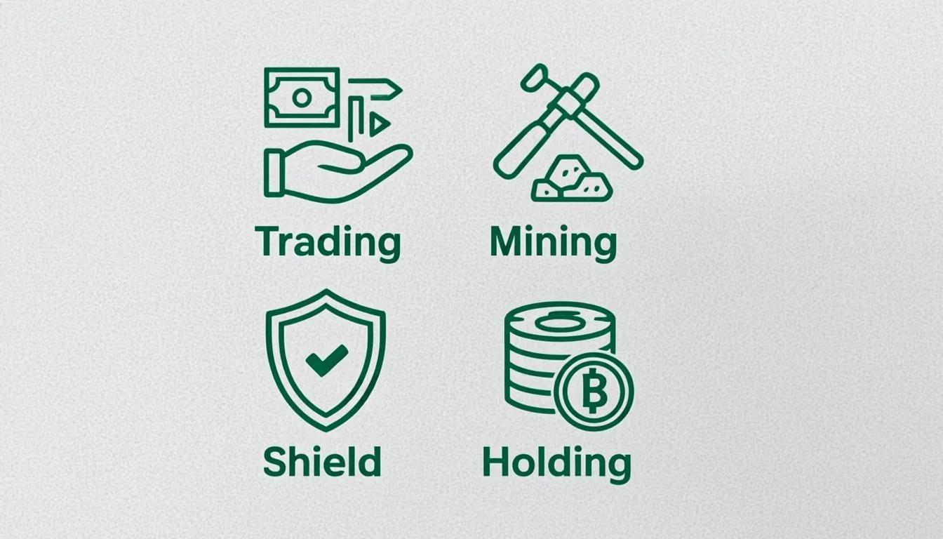 Comparison of crypto activity types and their SNAP treatment: trading as capital gains income, mining as self-employment income, staking as self-employment income, and holding as a countable resource