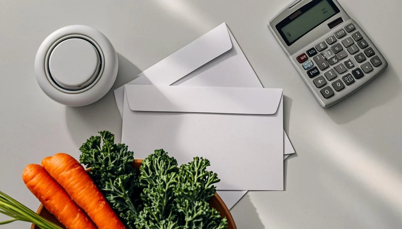 A round thermostat dial, a silver calculator, two plain envelopes, and a bowl of fresh vegetables on a light kitchen counter
