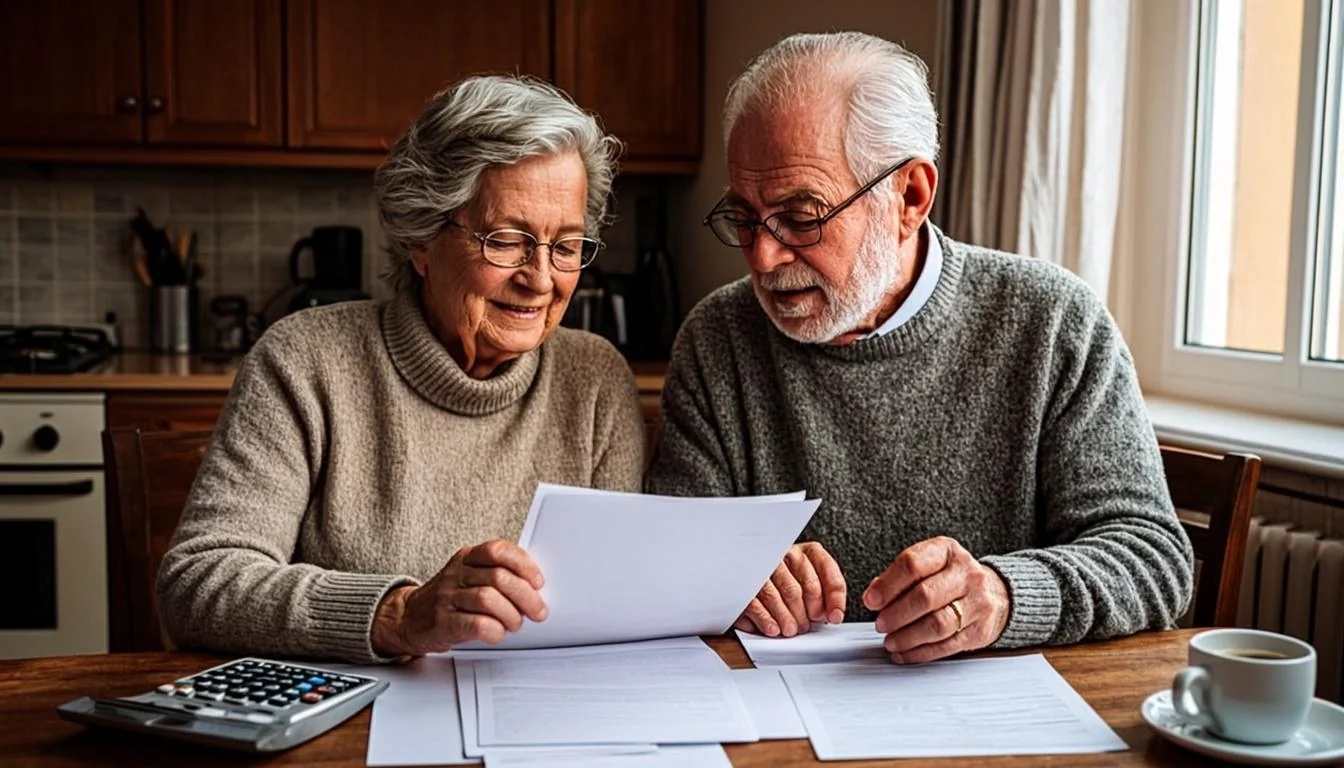 A senior couple reviewing their monthly budget with documents on the table, representing the SNAP medical expense deduction.