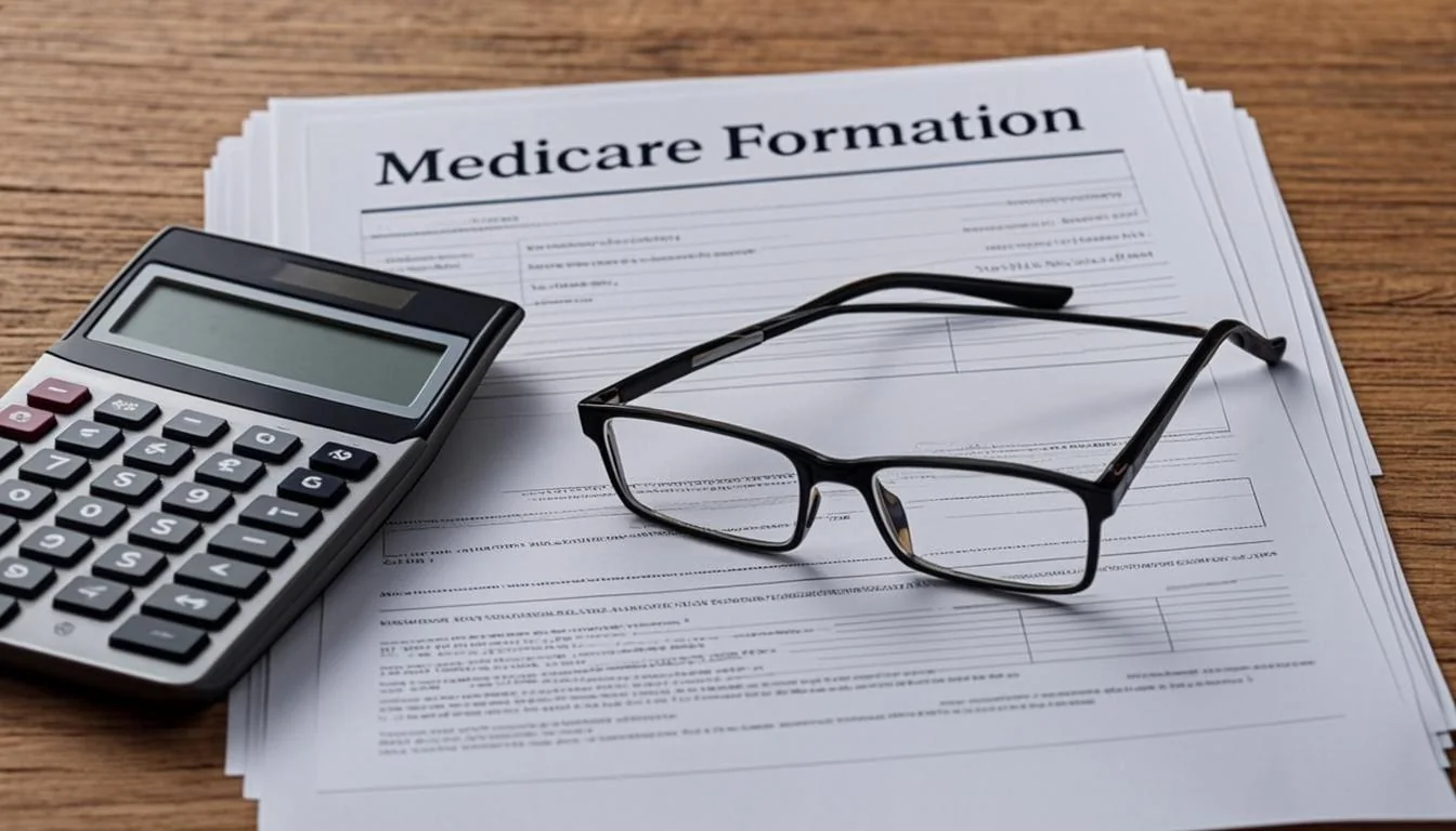 A stack of Medicare premium statements next to a calculator and reading glasses, representing deductible medical expenses for SNAP.