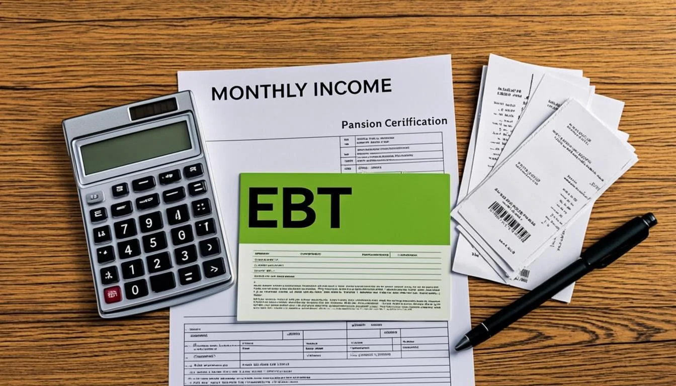 Top-down view of a kitchen table with an EBT card, pension statement, calculator, pen, and grocery receipts