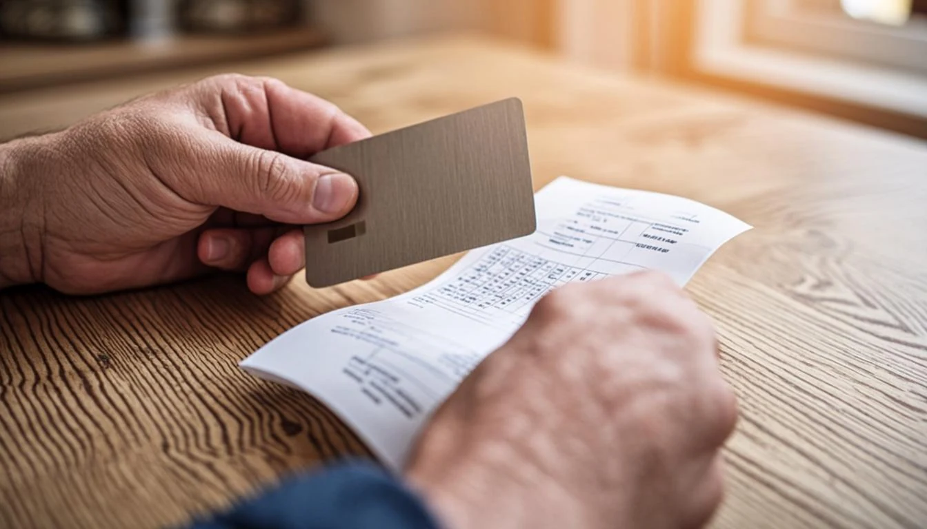 Close-up of hands holding an EBT card next to a rent payment receipt on a wooden kitchen table