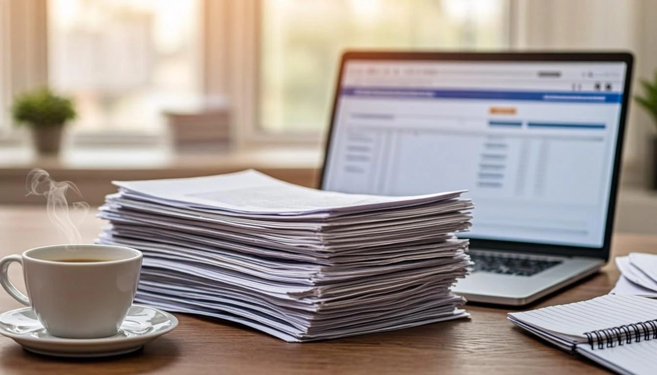A caseworker's organized desk with paperwork, a laptop showing a benefits application, and a coffee mug in warm office lighting