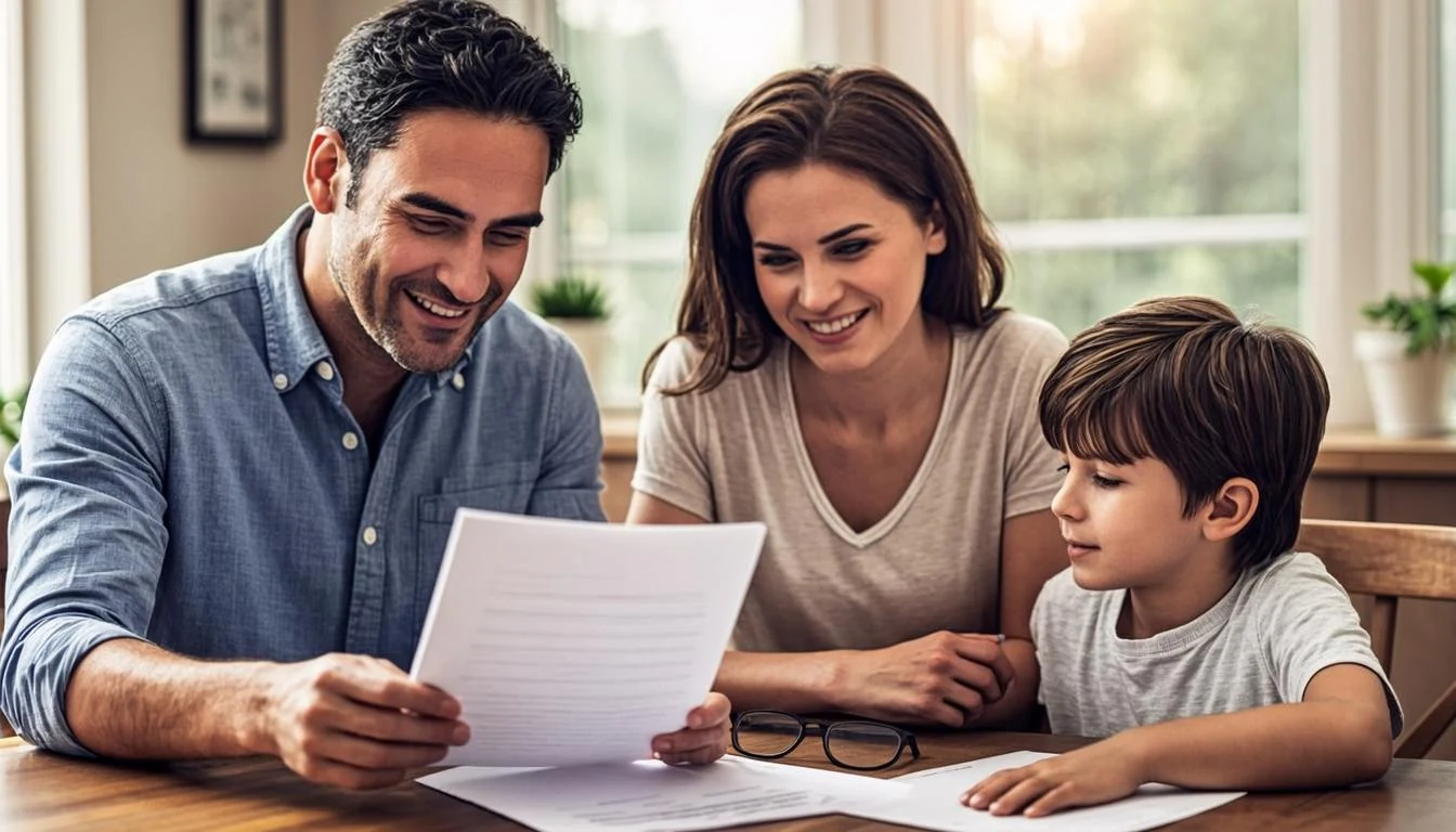Family of three at a kitchen table reviewing a SNAP application and a Section 8 lease addendum