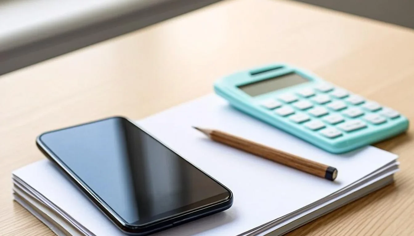 A blank smartphone on a stack of white papers next to a pen and a small calculator on a light wooden desk