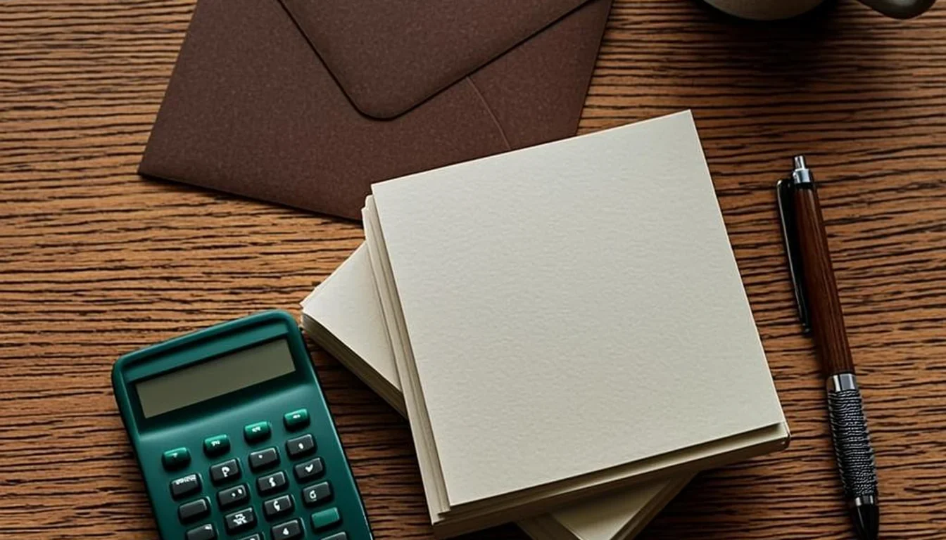 A green calculator, blank white papers, a closed brown envelope, and a pen arranged on a wooden surface