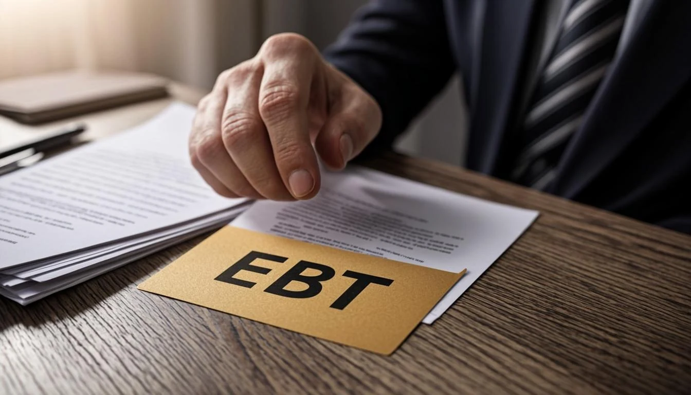 Close-up of a hand holding a Social Security survivors benefits letter next to an EBT card on a wooden table