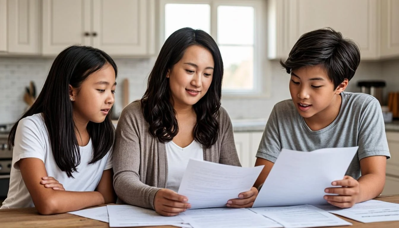 A widow reviewing a Social Security survivors benefits letter with her two teenage children at the kitchen table