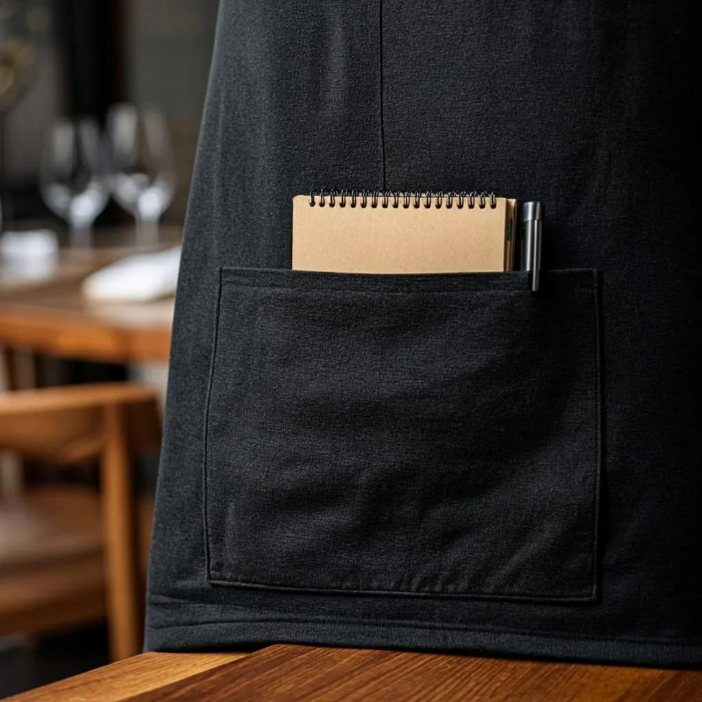 Servers apron with small notebook and pen tucked into the pocket on a wooden restaurant counter