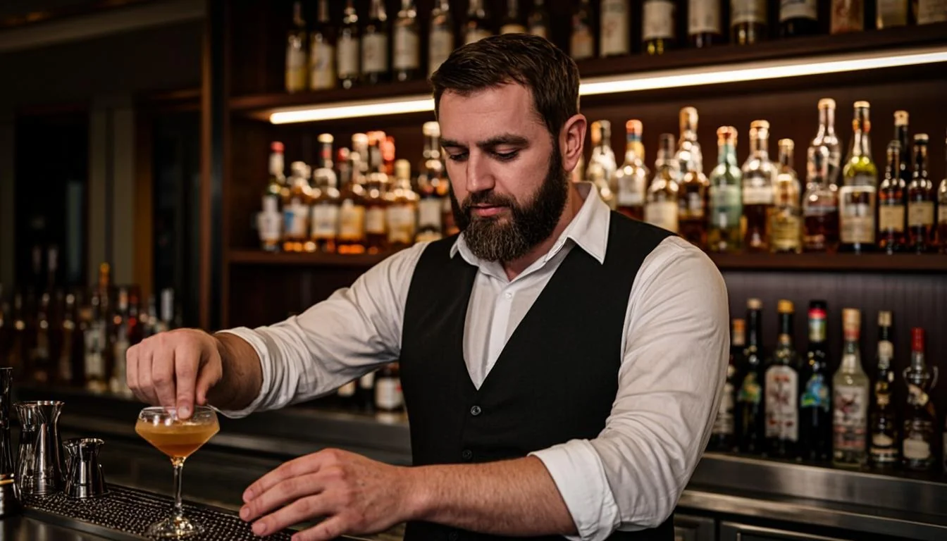 Bartender working at a clean modern bar in the evening preparing drinks