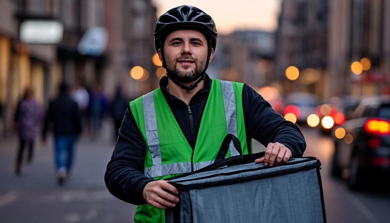 Food delivery driver in a city street at dusk holding an insulated delivery bag