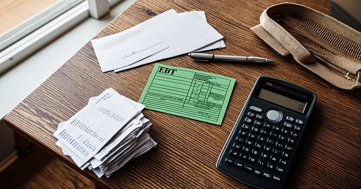 Top-down view of a kitchen table with an EBT card, workers comp paperwork, a calculator, a pen, and a back brace