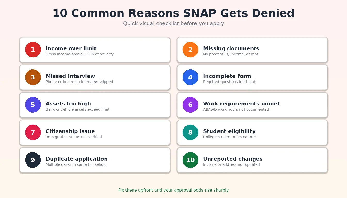 Visual checklist of the 10 most common reasons SNAP applications get denied, shown as numbered cards in a two-column grid