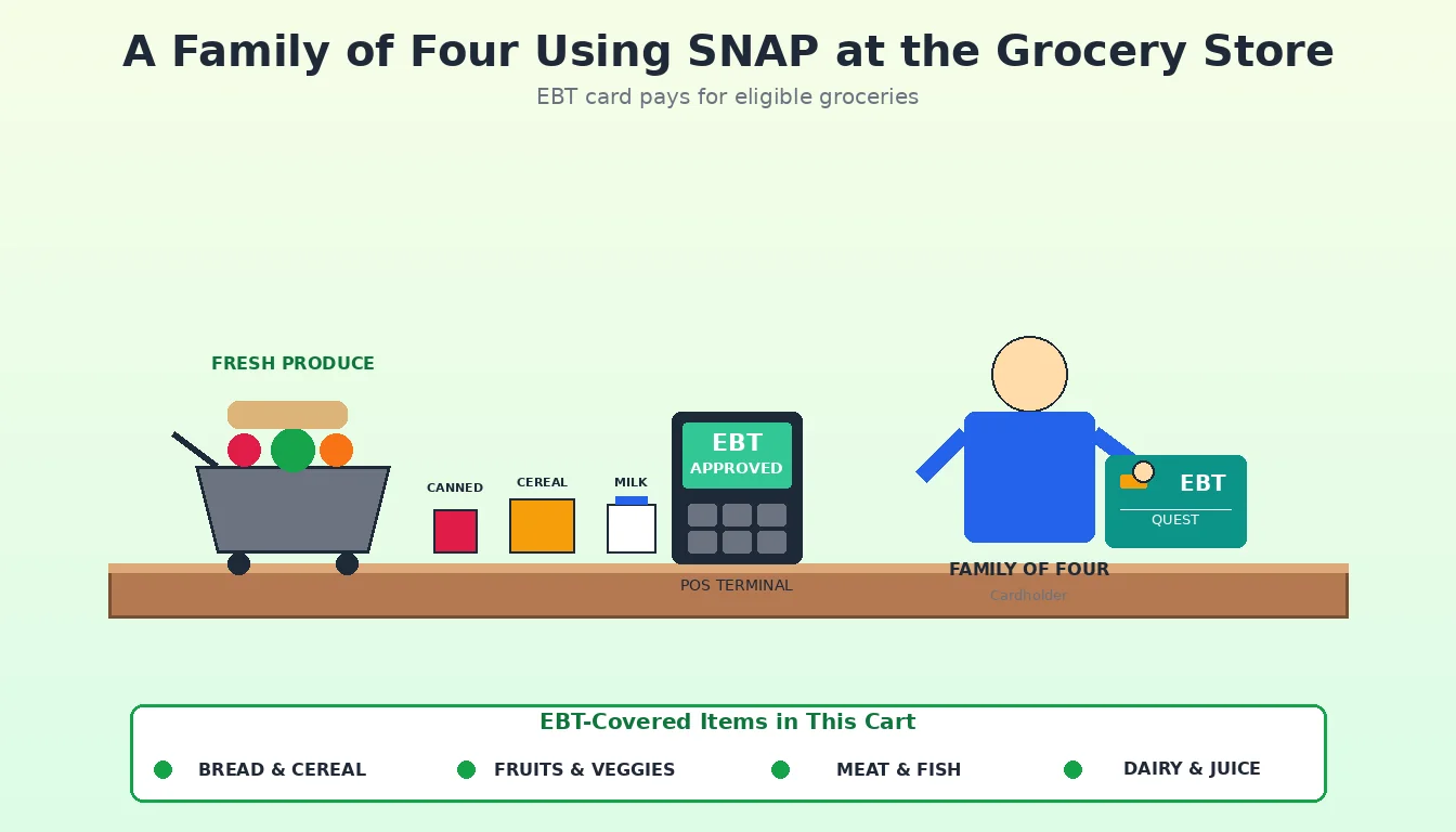 Family at a grocery store checkout using an EBT card with a calculator and receipt visible