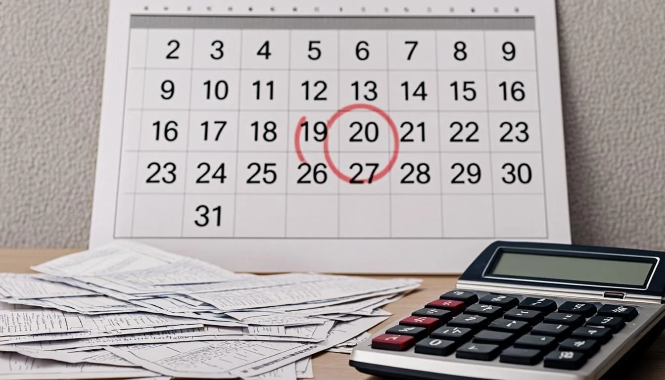 A calendar showing application filing date with grocery receipts and a calculator, representing the SNAP proration formula.