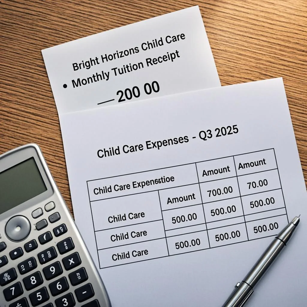 Stack of daycare receipts and quarterly statement on a wooden desk with calculator
