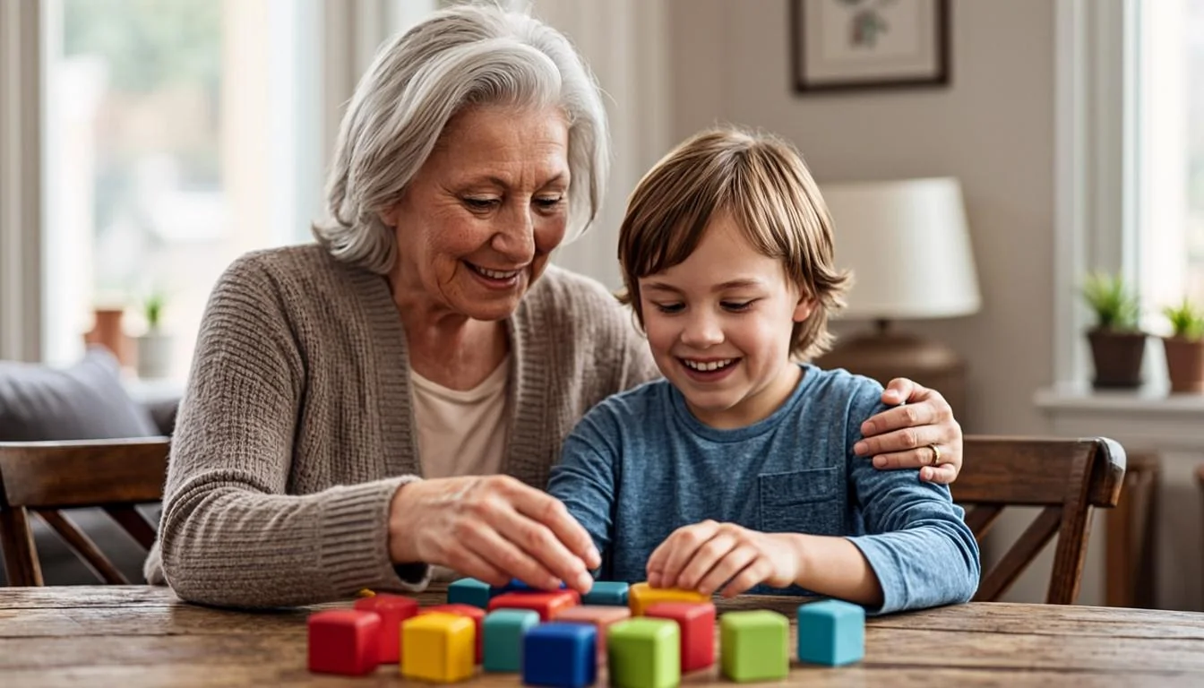 Grandmother caring for her young grandchild at home with educational toys
