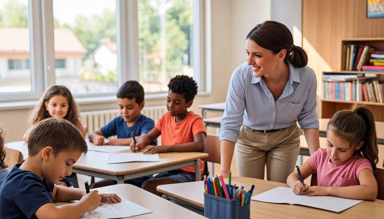 After-school program with diverse children doing homework with supervising teacher