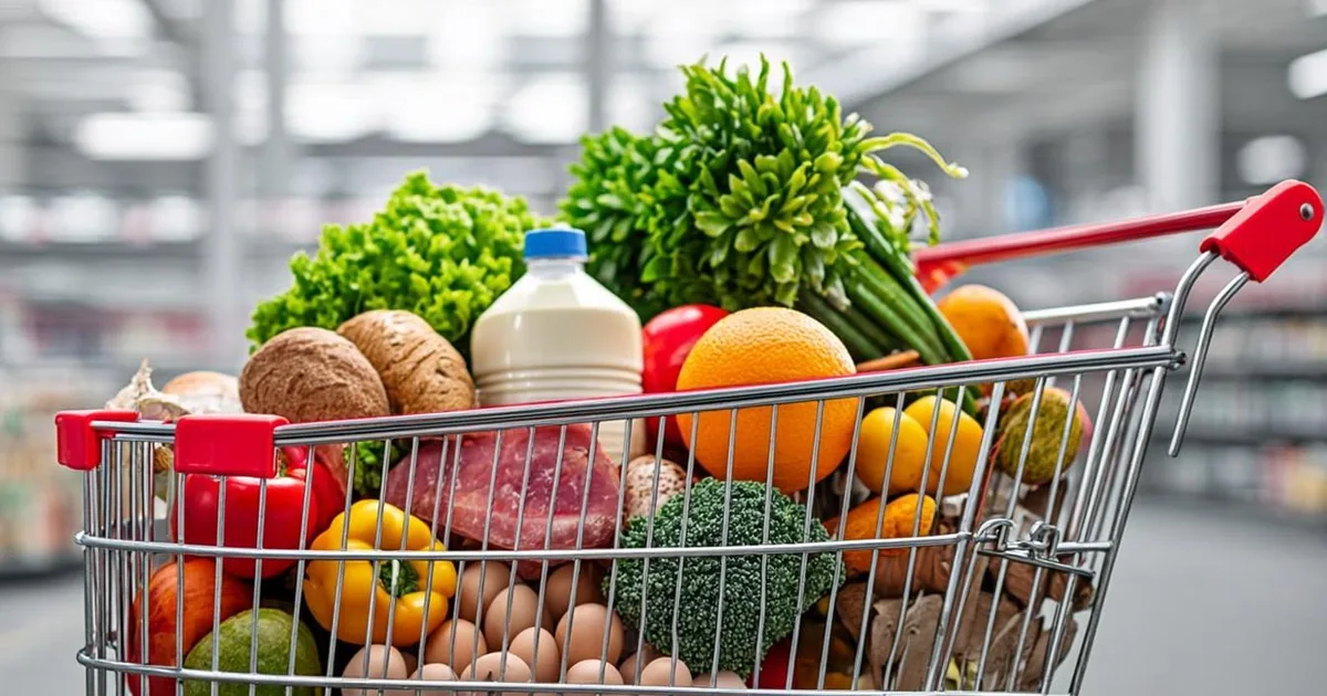 Supermarket shopping cart filled with SNAP-eligible groceries: fresh fruits, vegetables, bread, milk and eggs