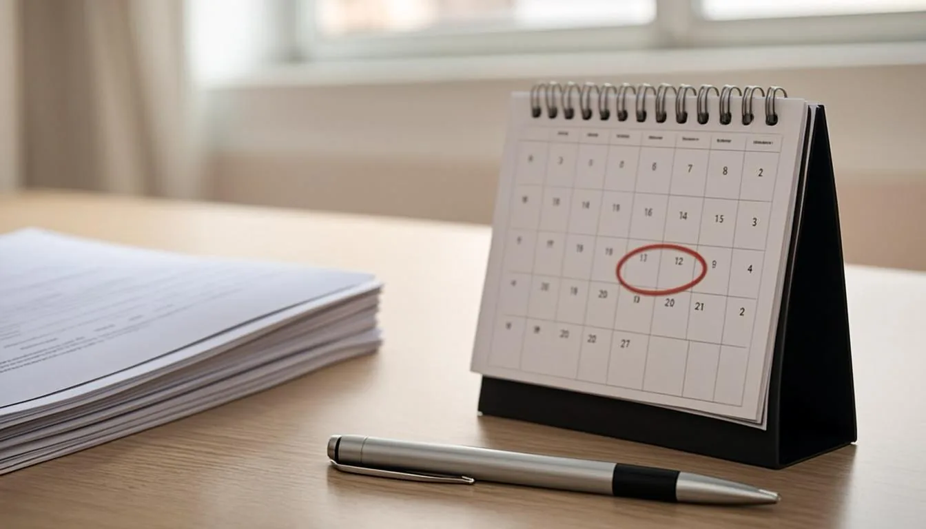 Desk calendar with a date circled in red next to a stack of official letters