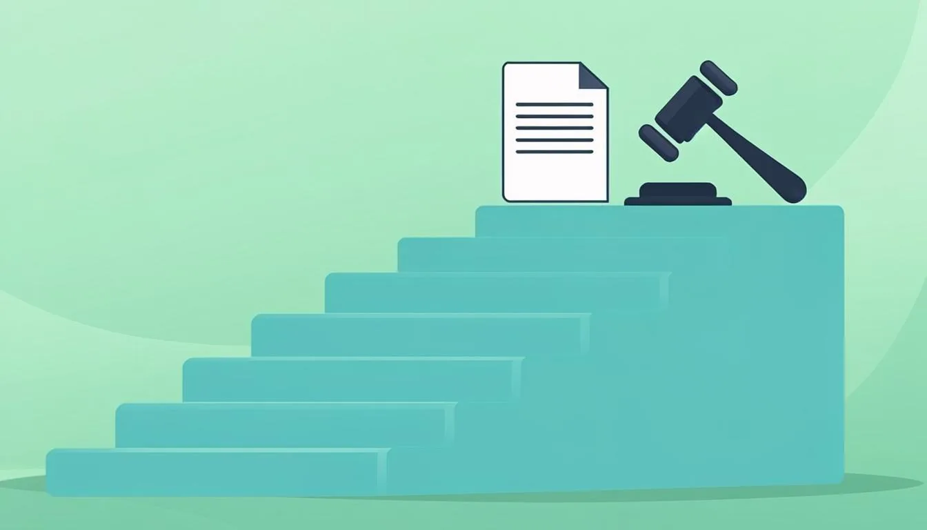 Stepped staircase with document and gavel icons representing the hearing process