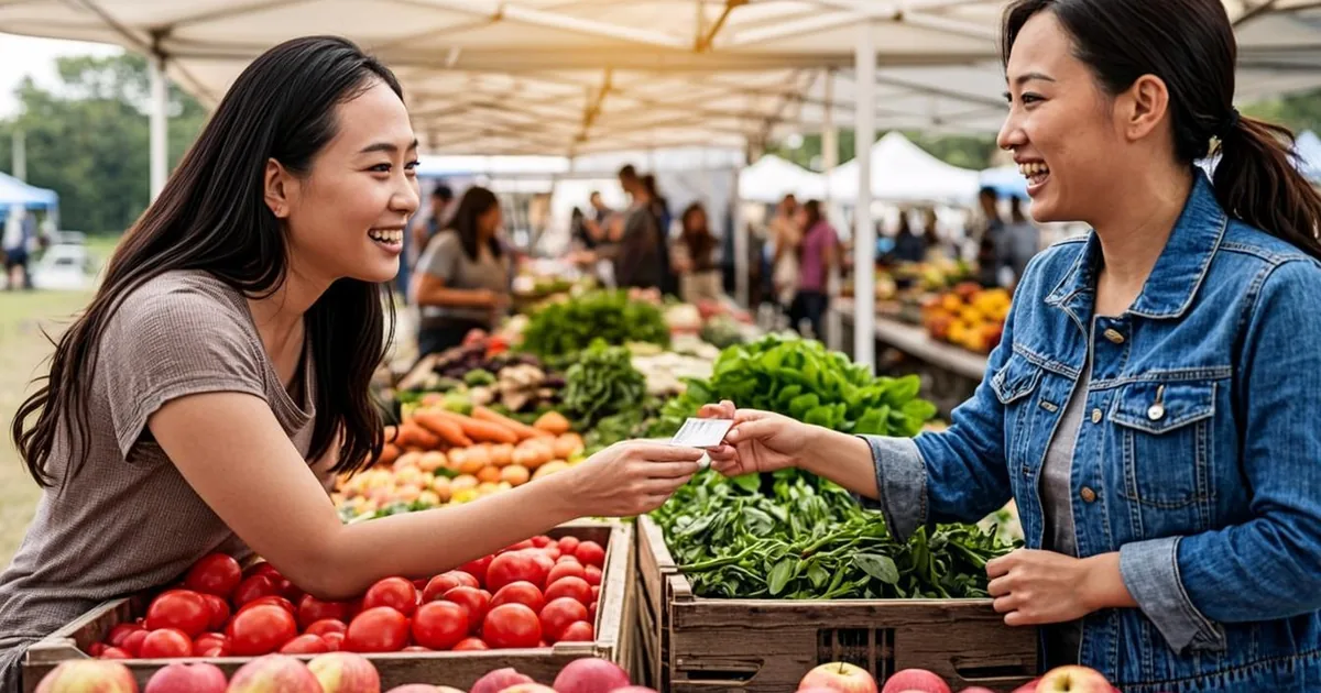 Shopper paying a farmers market vendor with an EBT card at a fresh produce stall