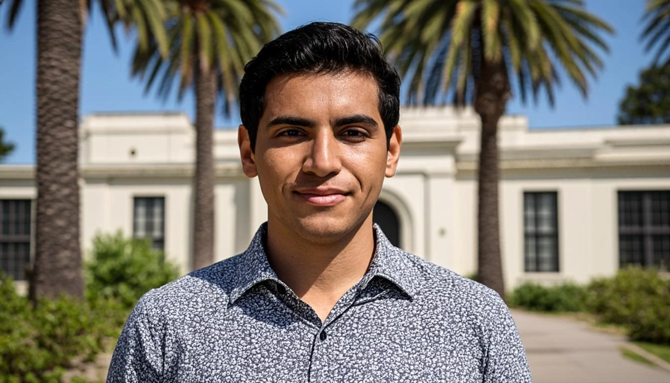 A young Latino man standing in front of a California state social services building