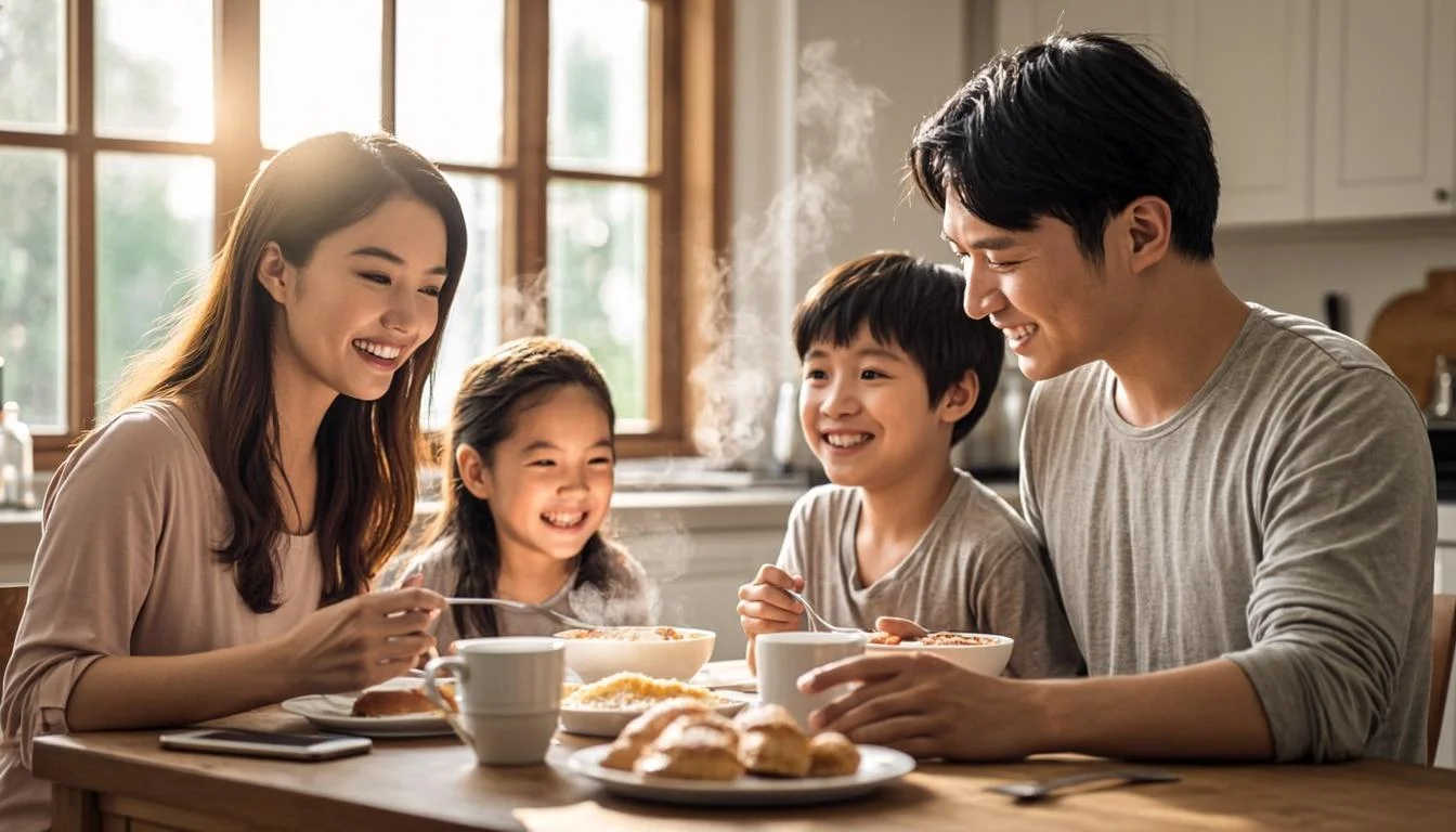 A young family with two small children eating breakfast together at a kitchen table